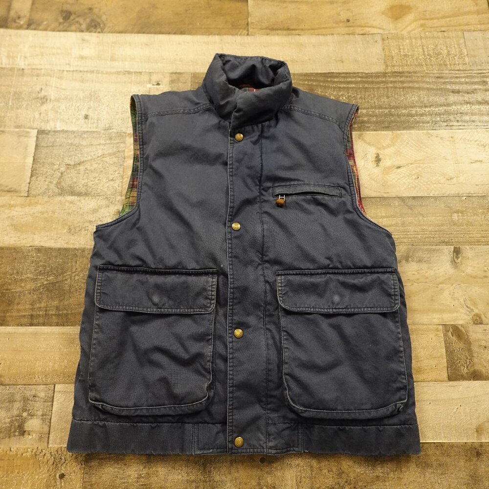 Eddie Bauer down fill canvas vest men's‎ small navy plaid lined vintage 1990's